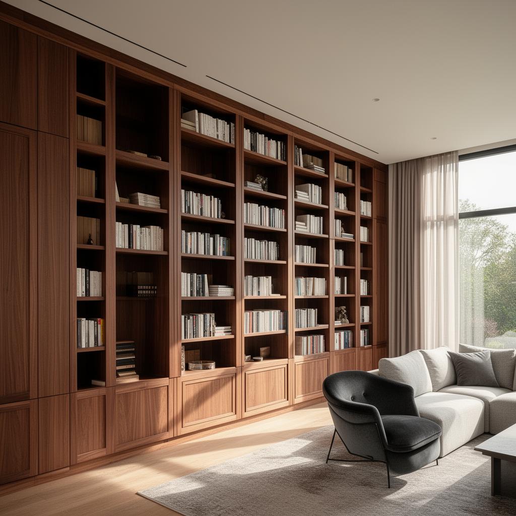Floor to ceiling walnut built-in bookshelves
