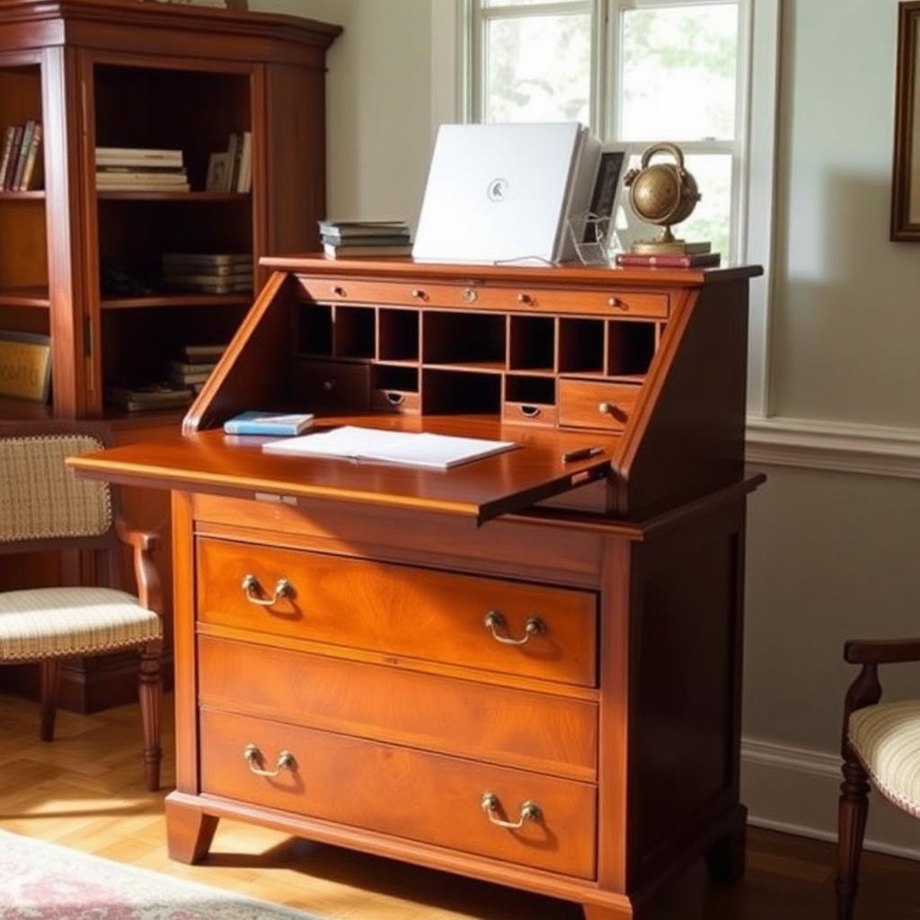 Handcrafted cherry secretary desk with drop-front and drawers