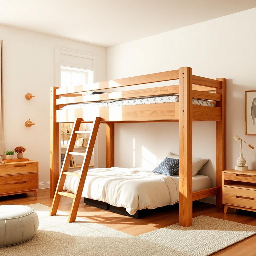 Handcrafted solid maple loft bed with integrated ladder