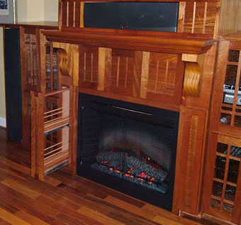 Detail of curly mahogany door panels and German antique glass cabinet